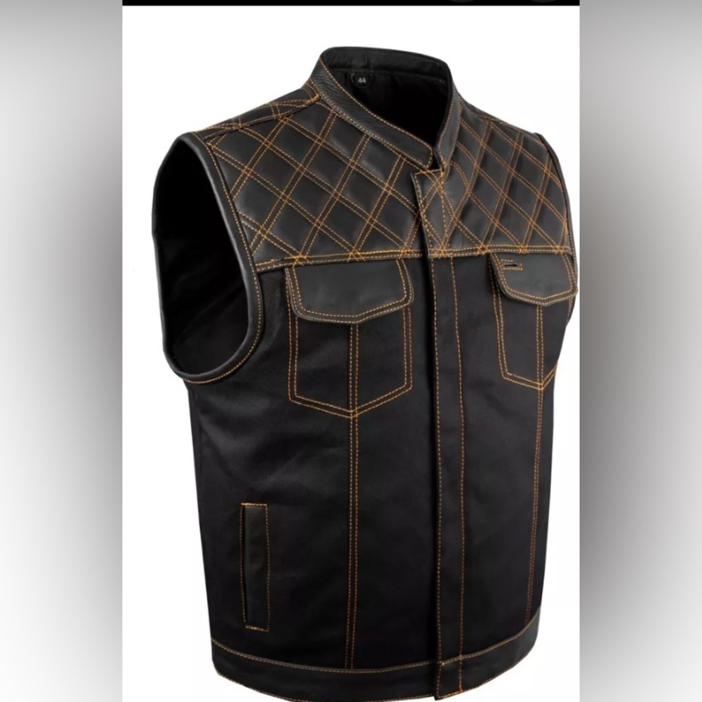 Men's Motorcycle Biker Black  Leather/Denim Diamond Cuts Club Concealed Vest 56